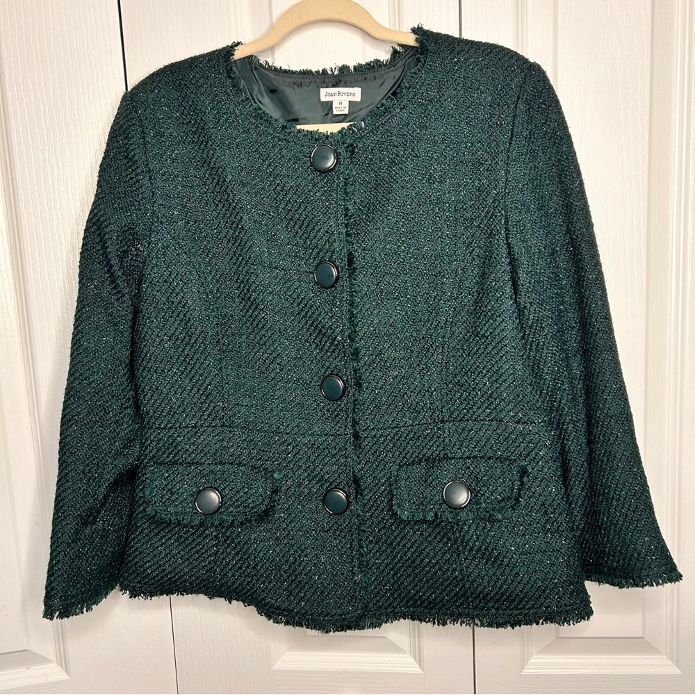 Joan Rivers Women’s Green Fringe Trim Big Button‎ Blazer Jacket Lined Size 14